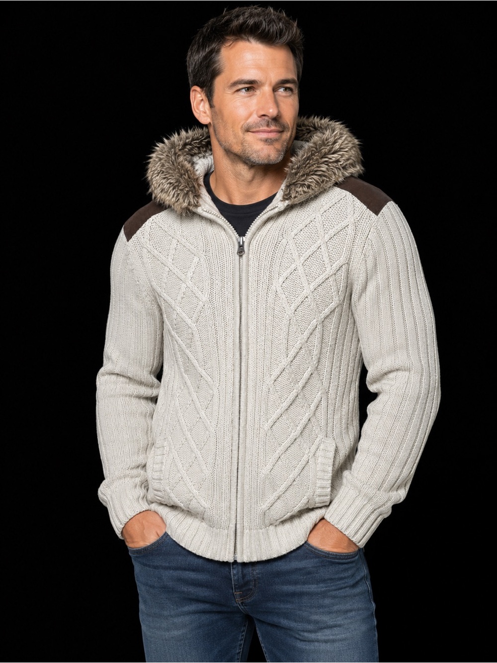 Point Zero Collection Men’s Cable Knit Faux Fur Hooded Zip Sweater Jacket